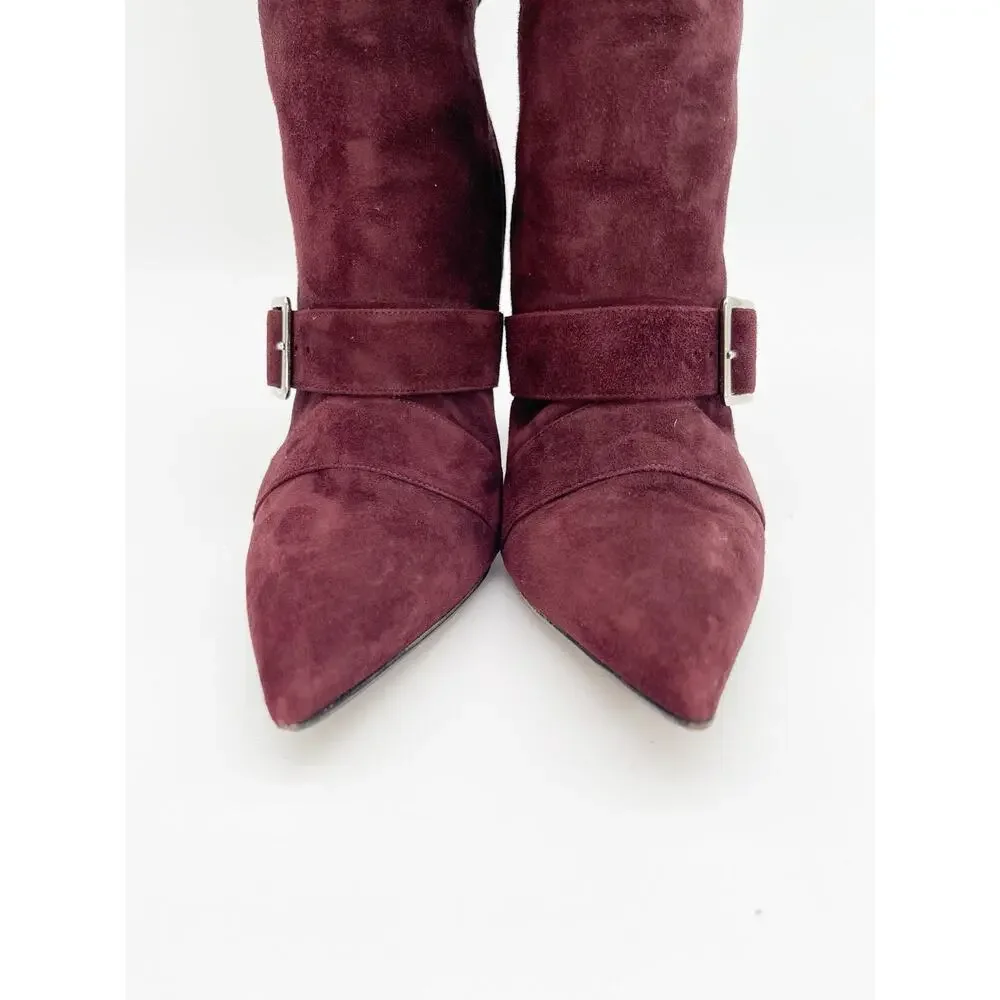 Manolo Blahnik Josimhi Burgundy Suede Buckle Strap Pointed Toe OTK Boots IT 37.5